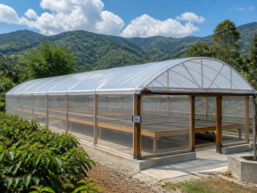 Secadero tipo túnel para café con estructura de madera y cubierta traslúcida, camas de secado elevadas en finca cafetera