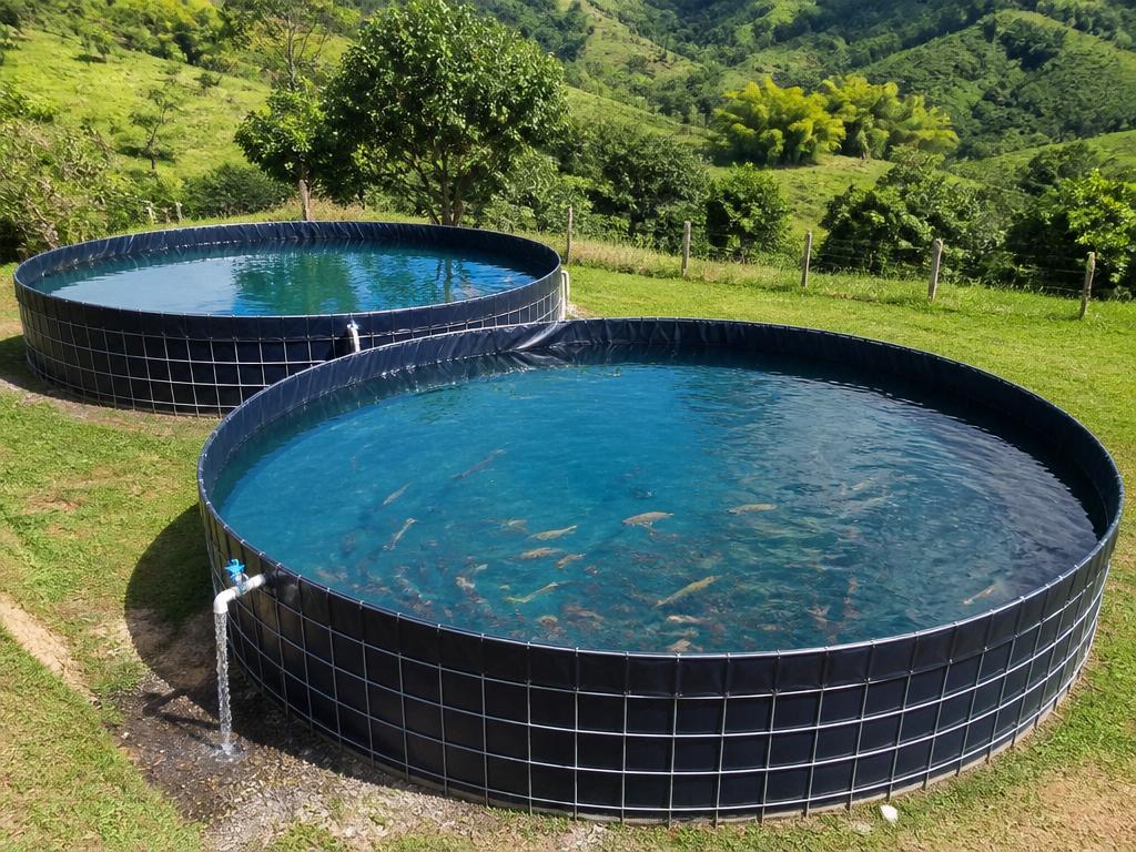 Dos tanques circulares en geomembrana: uno con peces para piscicultura y otro con agua limpia para almacenamiento