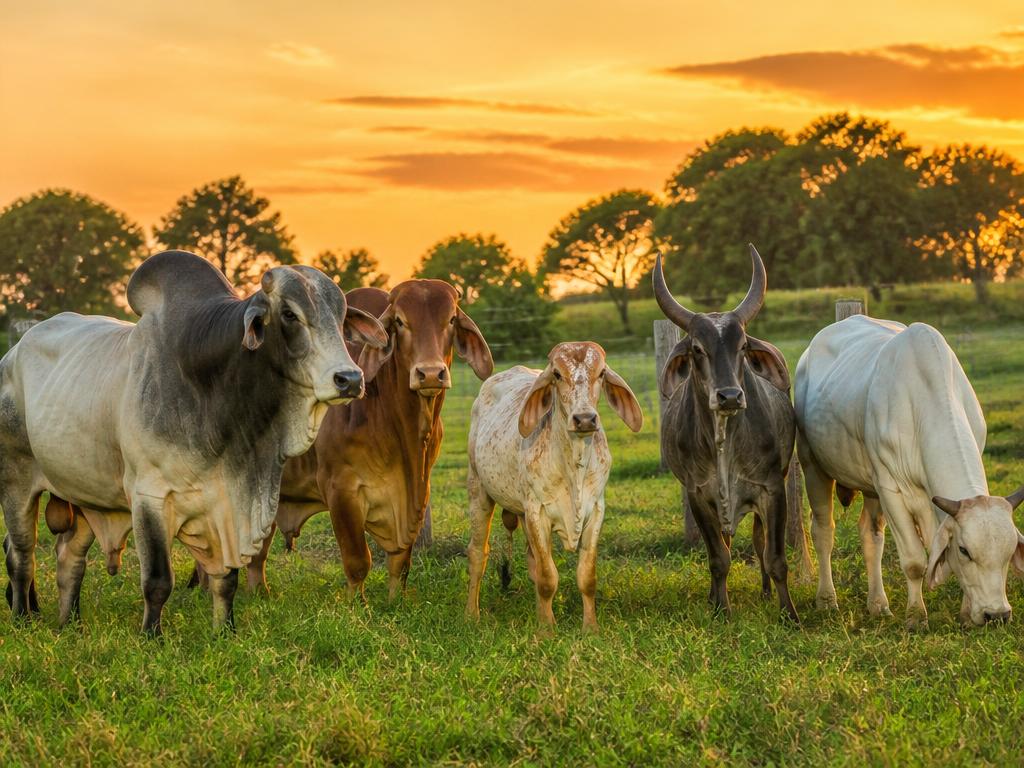 Ganado Brahman Gris, Brahman Rojo, Gyr, Guzerá y Nelore en pasto verde